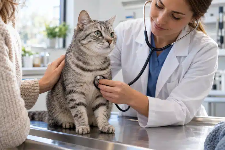 Tabby cat examined by a veterinarian