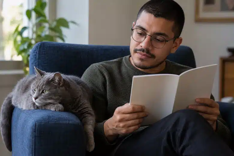 Man in glasses reading a booklet in a blue armchair with a grey cat resting on its arm