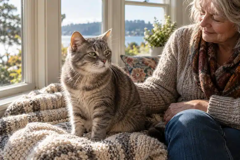 Older grey tabby cat beside a woman’s lap at a sunlit bay window