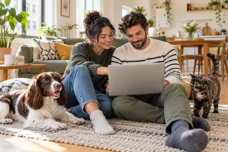 Couple discussing a laptop on an apartment floor near a spaniel and tortoiseshell cat