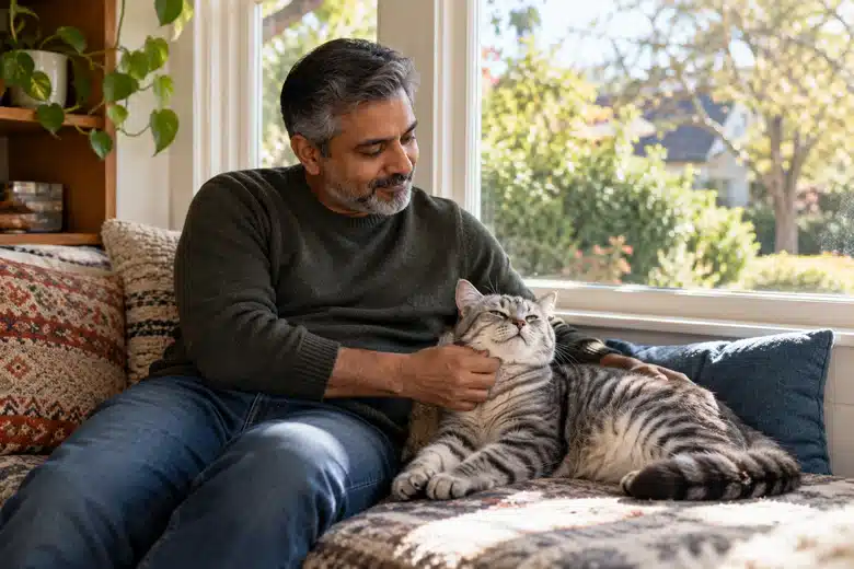 Owner quietly stroking a mature tabby cat beside a sunlit window