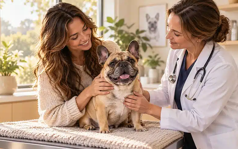 Brachycephalic dog examined by veterinarian during a medical visit