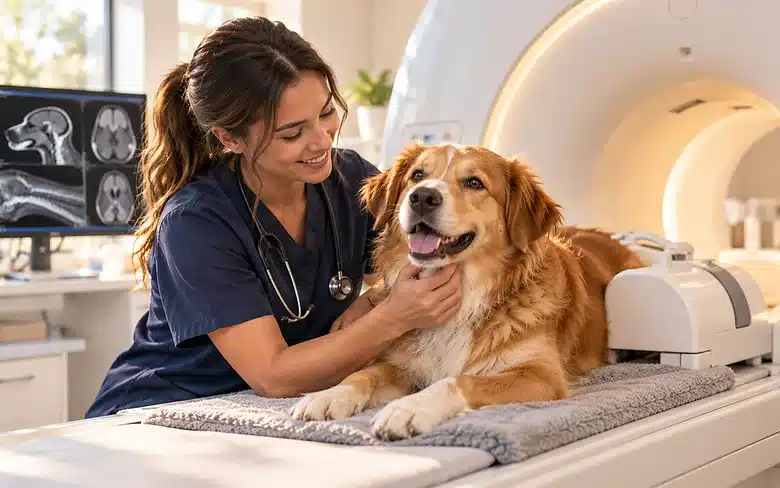 Veterinarian checking a dog beside a diagnostic MRI scanner