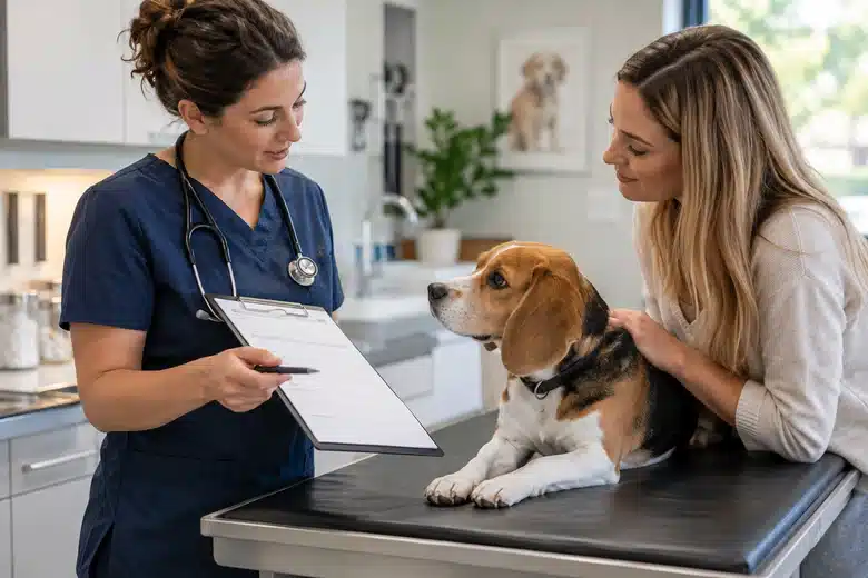 Beagle in a calm veterinary consultation while owner reviews an itemized document