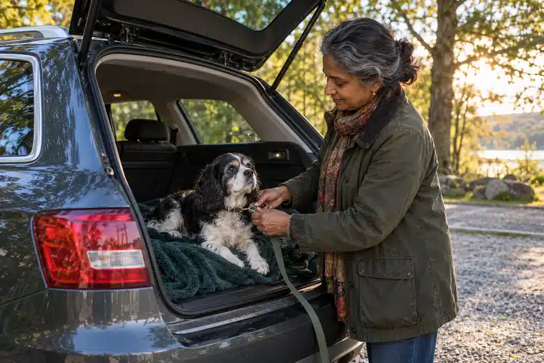 Older owner fastening a leash to a spaniel resting in the open cargo area of a car