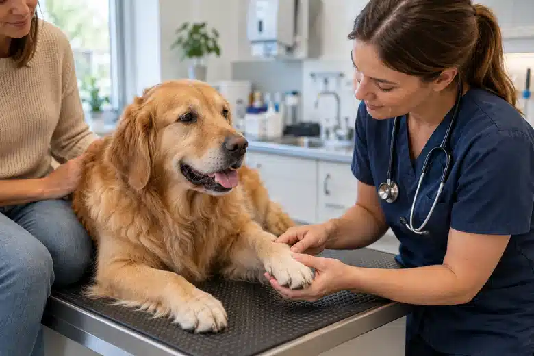 Veterinary professional gently examines a dog’s paw