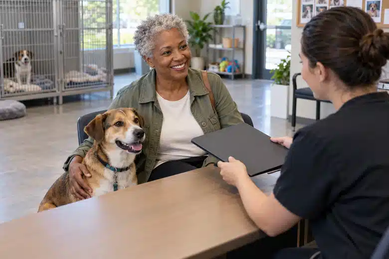 Older woman and dog at an animal adoption counseling desk