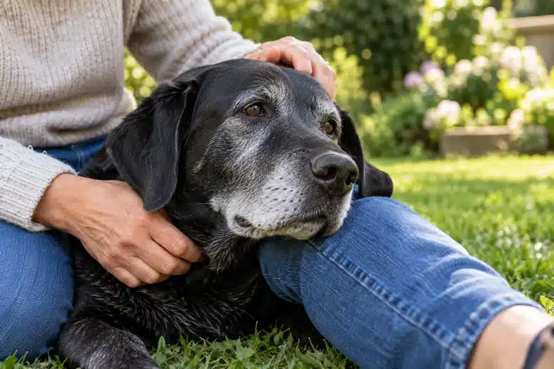 Silver-muzzled Labrador resting against the owner’s knees in a garden