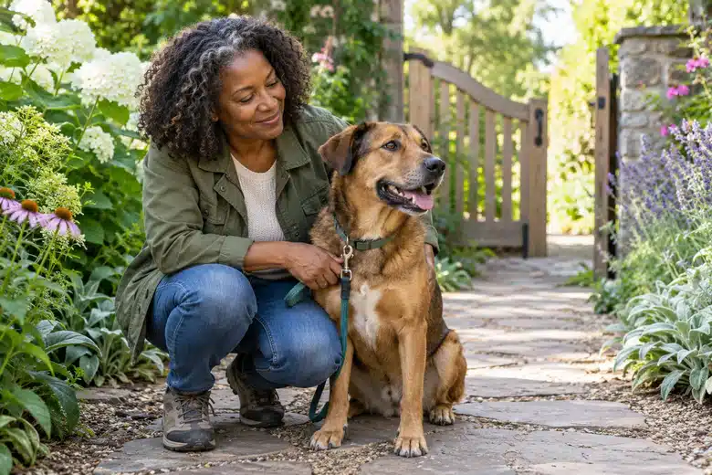 Woman and brown mixed-breed dog beside flowers and a wooden garden gate