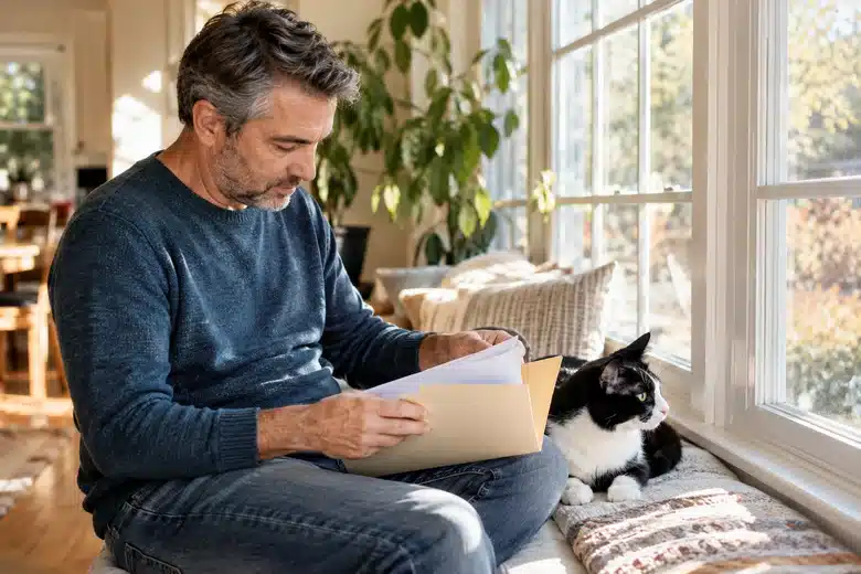 Pet owner organizing a veterinary folder beside a black and white cat