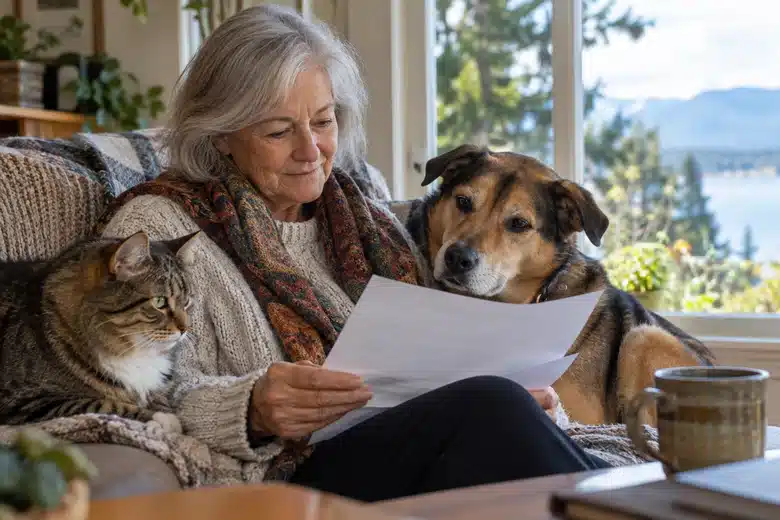 Senior cat and adult dog near an owner reading by a window