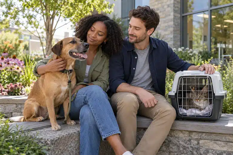 Two adults sitting with a brown dog and a cat in a ventilated carrier in a clinic garden