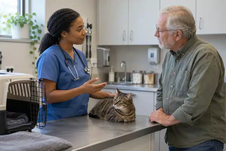 Veterinarian discusses a cat’s care with an older owner in an exam room
