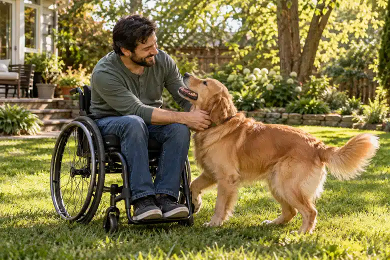 Man in a wheelchair petting a golden retriever in a green backyard