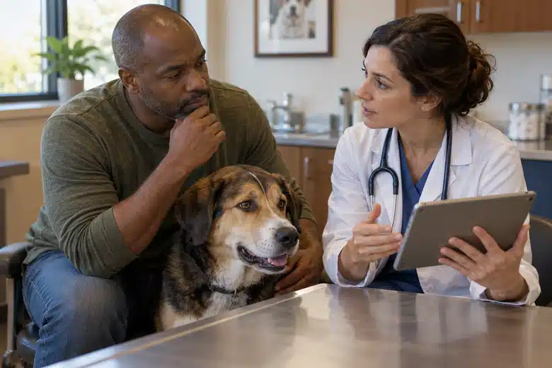 Dog owner and veterinarian discussing care in a consultation room