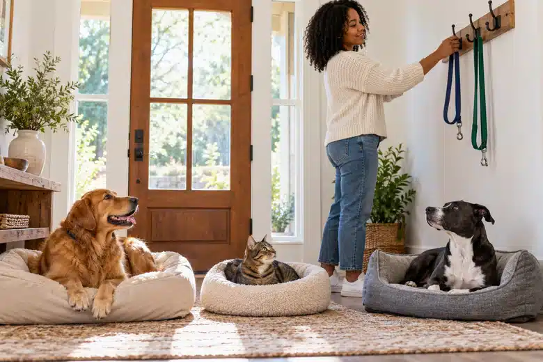 Two dogs and a tabby cat in separate beds while an owner arranges leashes