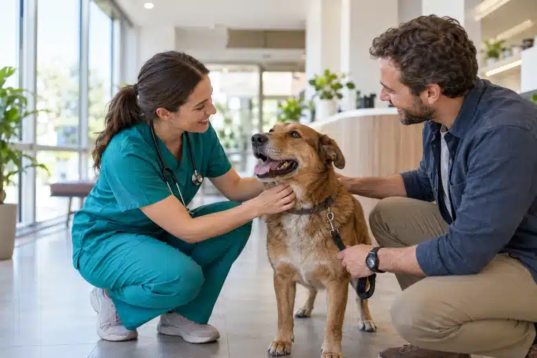 Illustrative scene: dog and owner during a veterinary examination