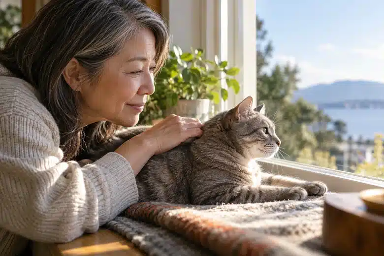 Mature owner stroking a gray tabby resting on a sunny windowsill
