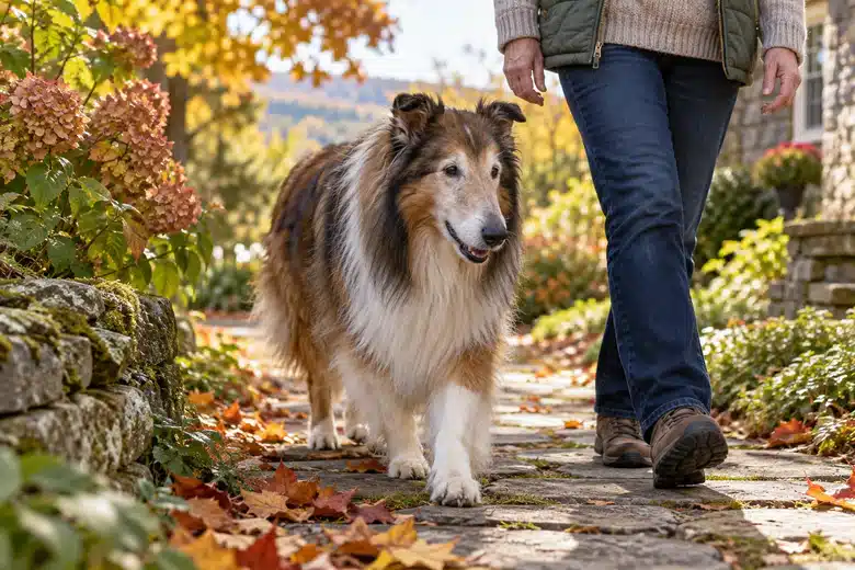 Older collie walking with its owner in an autumn garden