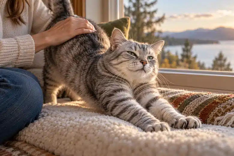 Senior silver tabby cat stretching on a soft window seat beside a person’s hand