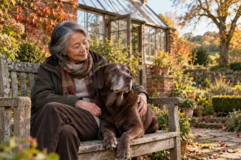 Older woman and gray-muzzled brown dog sitting together on a garden bench