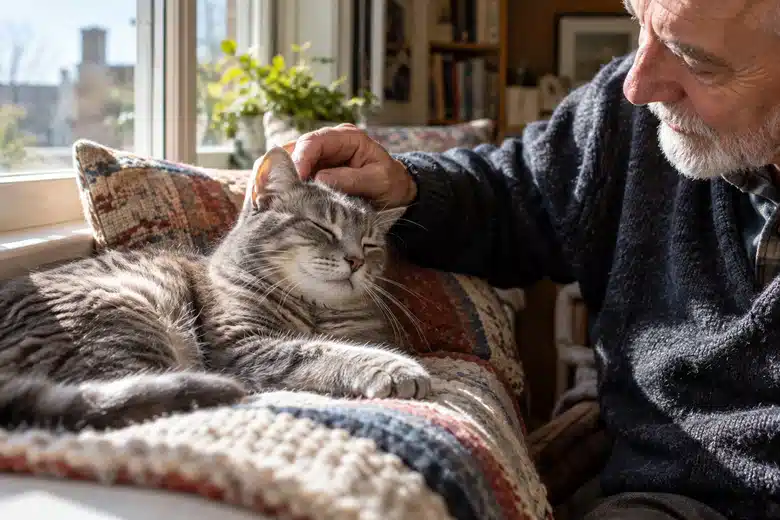 Senior gray cat resting by a window while an owner gently strokes its head