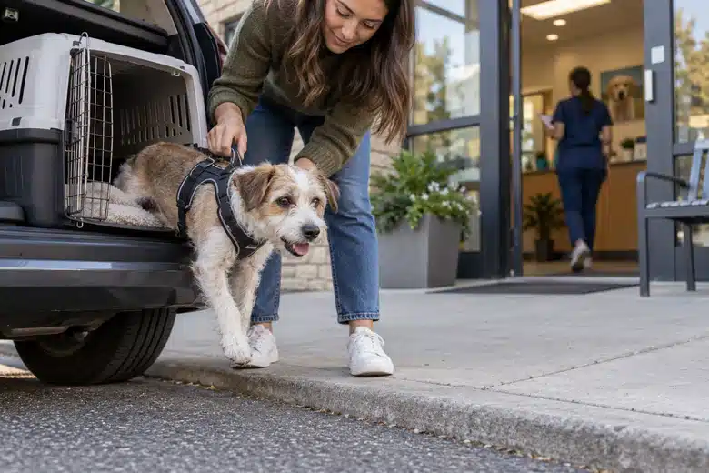 Small dog leaving a secure car carrier near a clinic
