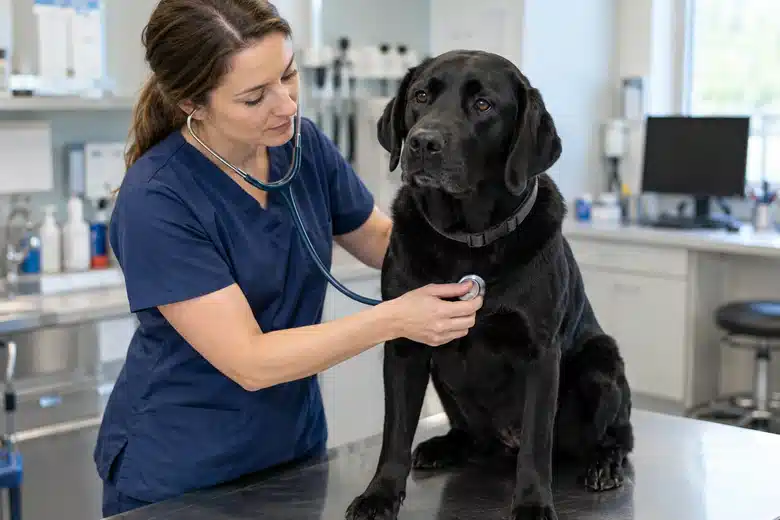 Veterinarian examining a calm black Labrador