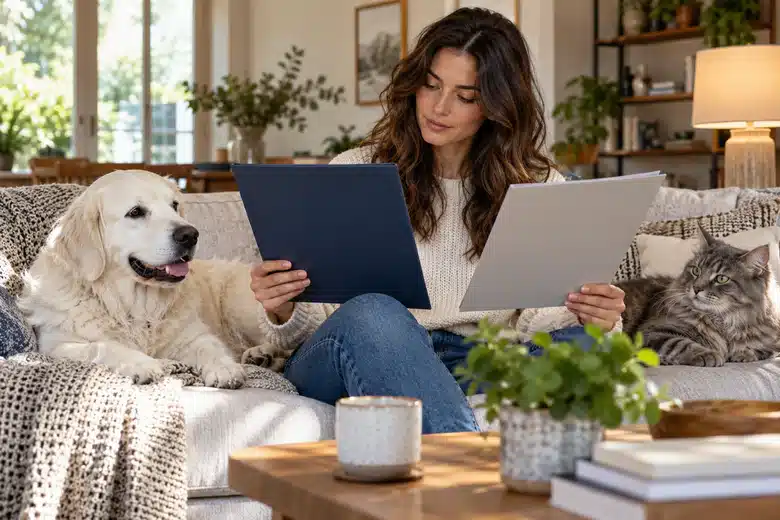 Owner comparing policy folders with a white dog and grey cat nearby