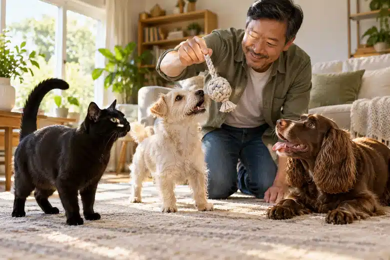 Three distinct pets with their owner in a sunny living room