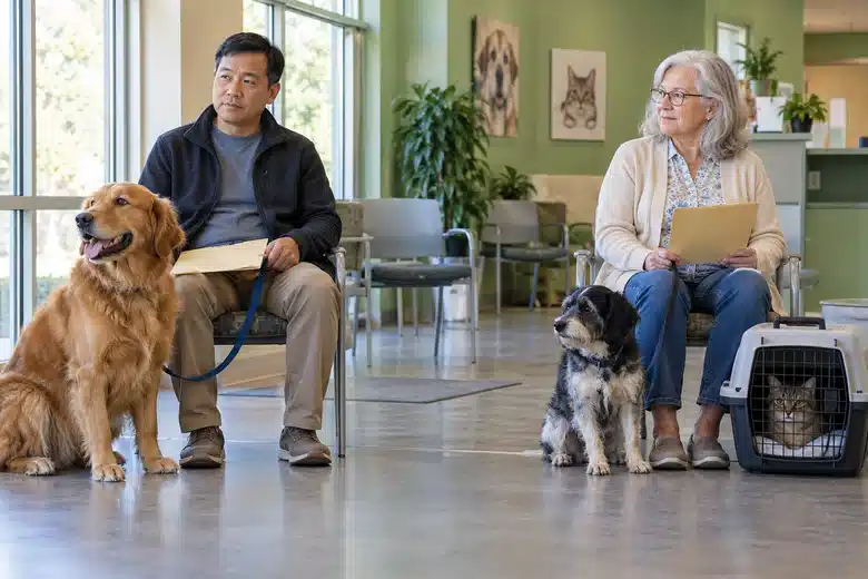 Two adults holding separate folders in a clinic waiting room with two dogs and a cat in a carrier
