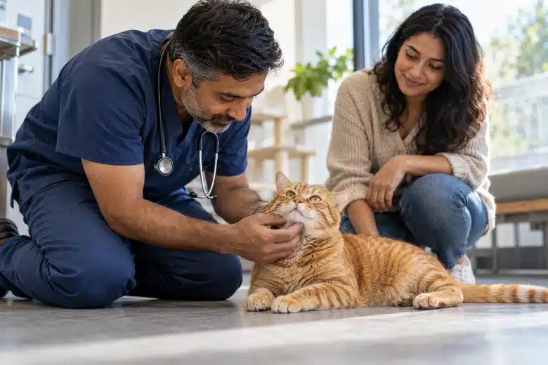 Veterinarian checking a cat while its owner watches