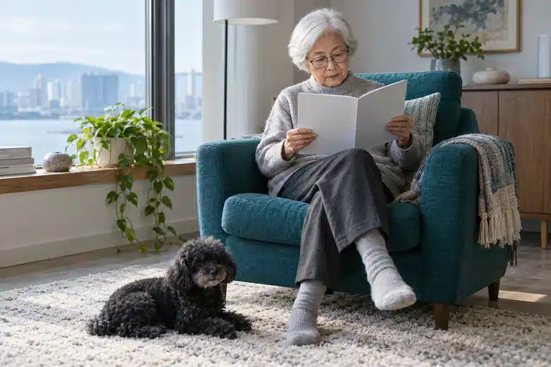 Older woman with short white hair reading a booklet in a teal armchair with a black poodle on the rug