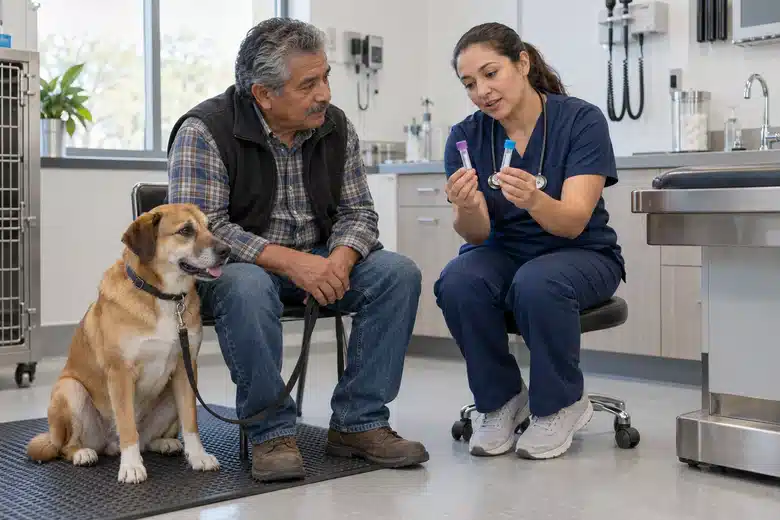 Dog and owner discussing veterinary care with a nurse