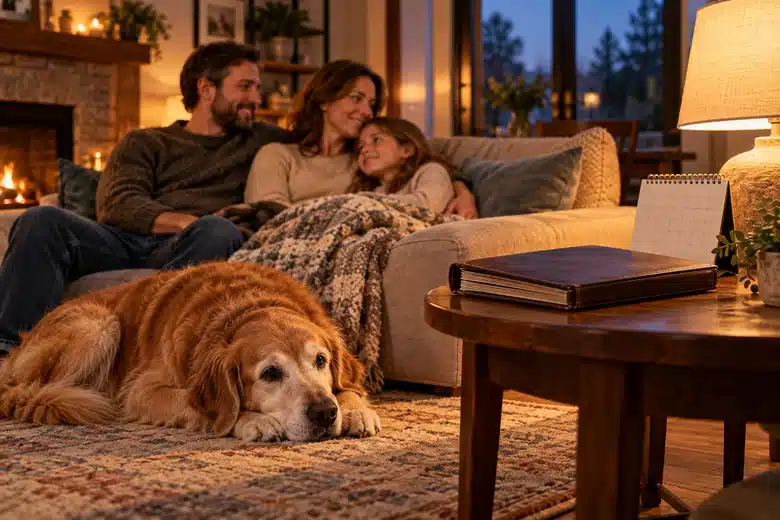 Older dog resting near a sofa, closed family album and plain calendar