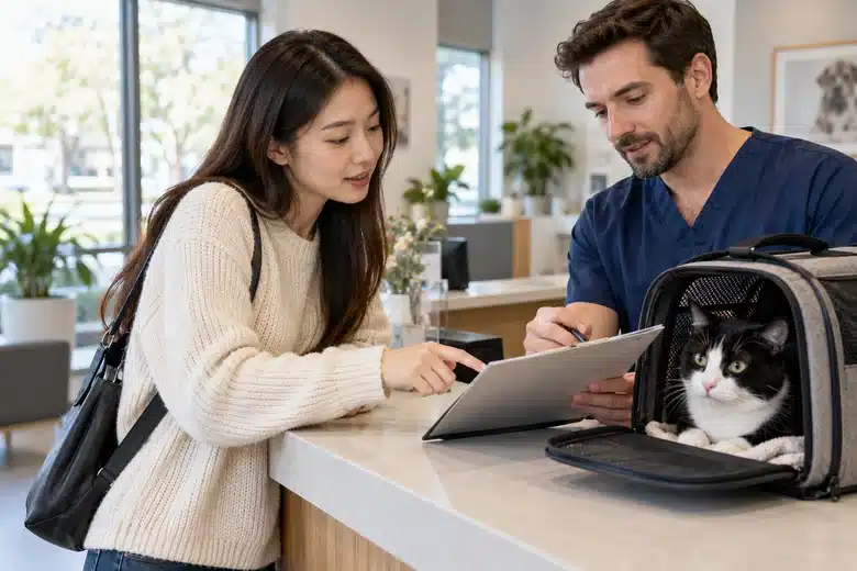 A cat owner and clinic staff member discussing payment at reception
