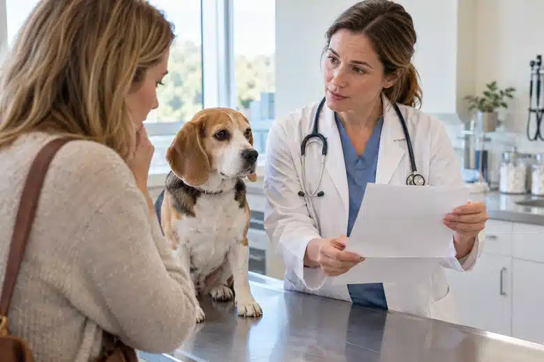 Veterinarian and beagle owner discussing an unmarked bill