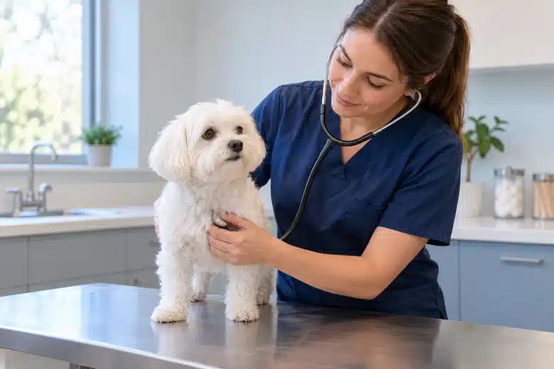 Veterinarian in plain navy scrubs calmly examining a small white dog