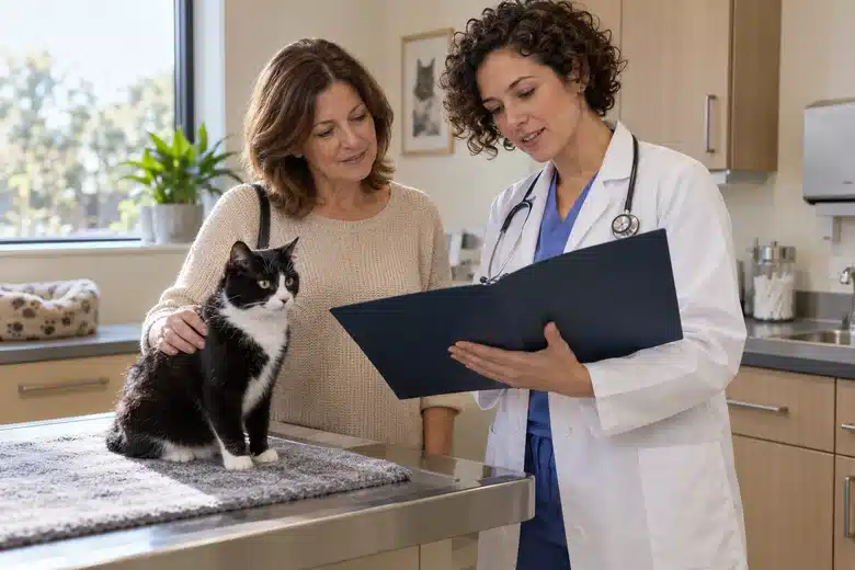 Veterinarian and owner looking at a folder beside a black-and-white cat