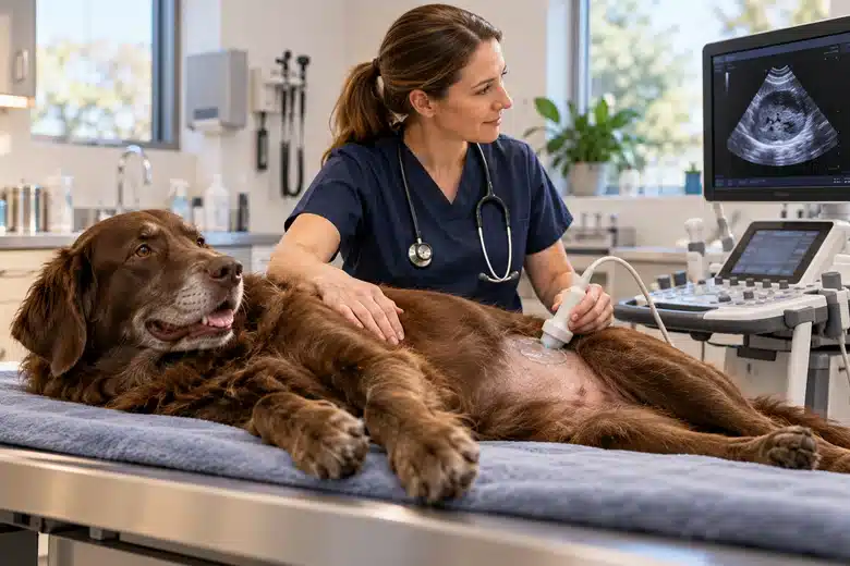 Large brown dog beside a clinician preparing veterinary ultrasound equipment