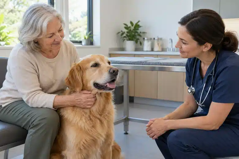Owner and veterinarian discussing care beside a golden retriever