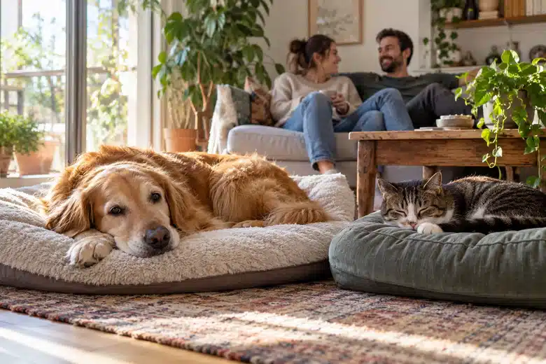 Dog and cat resting on separate cushions in a sunlit home with their adult owners