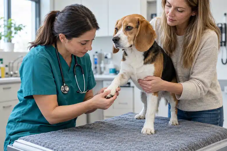 Veterinarian examining a beagle’s paw