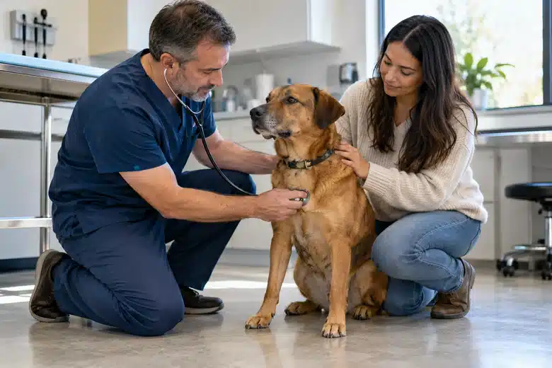 A veterinarian examining a brown dog while its owner kneels nearby
