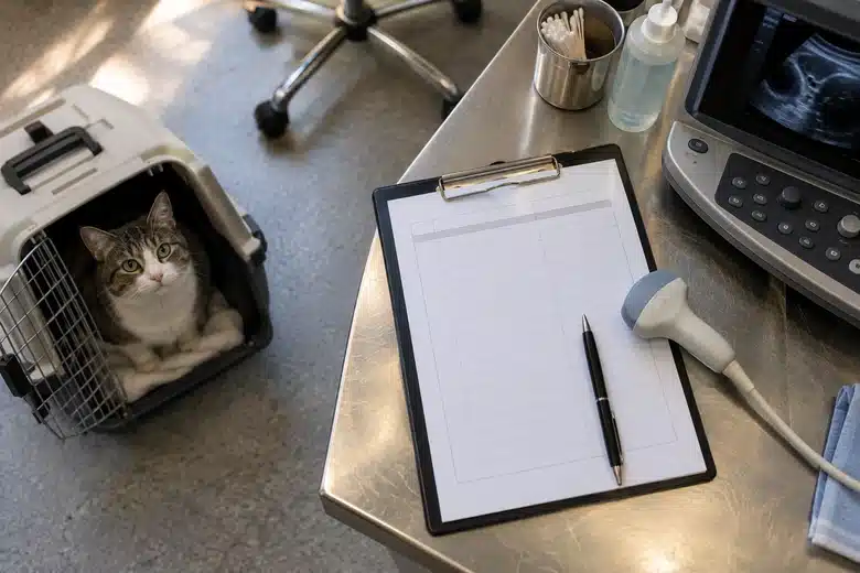 Itemized billing workspace beside cat carrier and diagnostic equipment