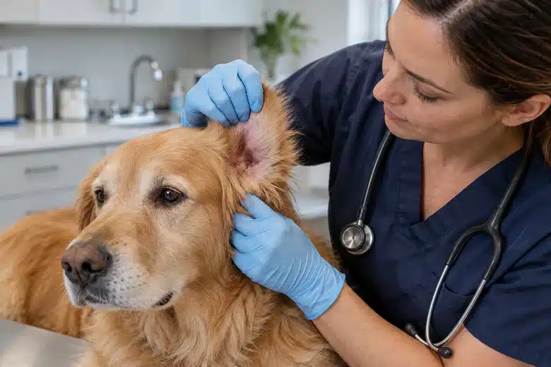 A veterinarian gently examines a dog’s ear and skin in a consultation room