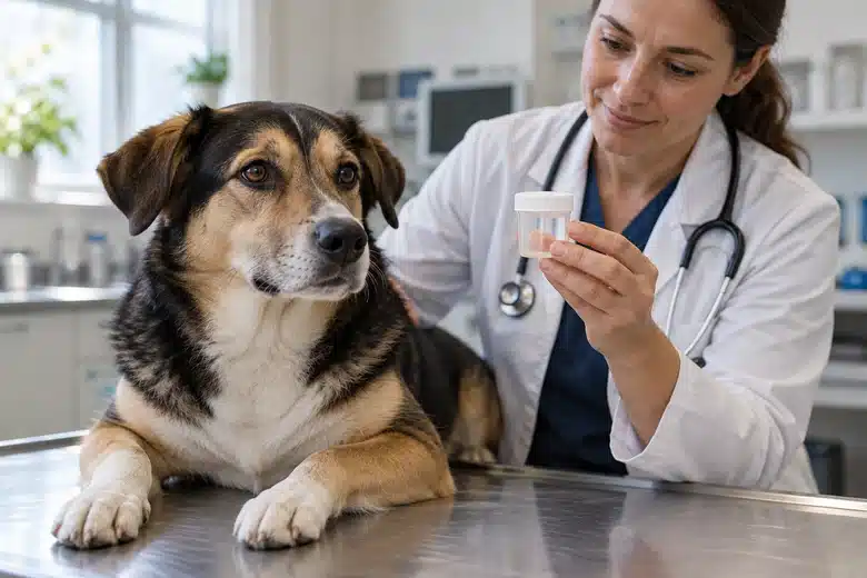 Veterinarian beside dog and sealed tissue-sample container