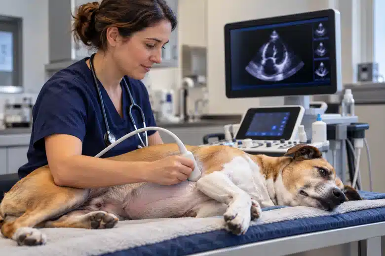 Veterinarian performing cardiac ultrasound on a resting dog