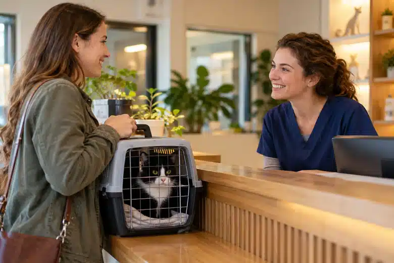 Woman with a cat carrier talking to a clinic receptionist
