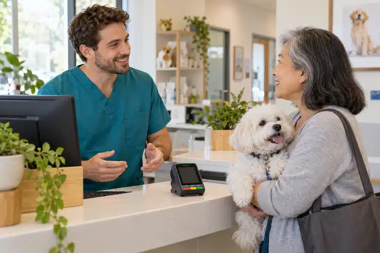 Veterinary receptionist speaking with an older woman holding a white dog at a clinic desk